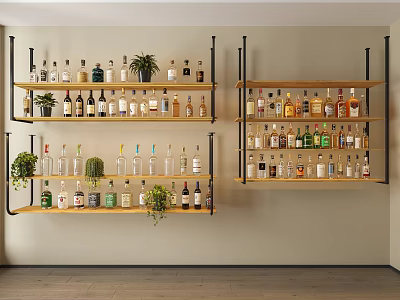 Hanging Decorations On Wall Mounted Wooden Shelves With Metal Brackets Wine Bottles And Green Plants 3d model