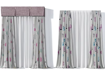 Modern Gray Curtains With Colorful Patterns And Purple Valance For Home Decor 3d model