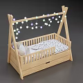 Cozy Wooden Baby Crib With Hanging String Lights And Storage Drawer