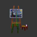 Wooden Art Easel Displaying Starry Night Painting with Small Stool and Paint Palette