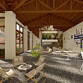 Japanese Style Restaurant With Wooden Structure Open Concept Lanterns Tables Chairs And Green Plants