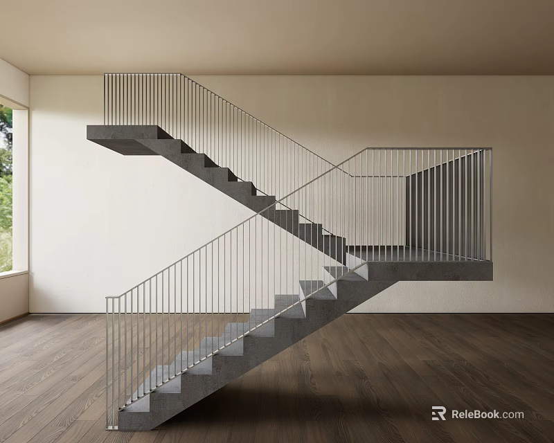 Modern Concrete Staircase With Metal Railings Sleek Design And Wooden Floor In Bright Room 3d model 