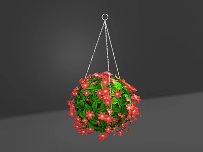 Hanging Basket with Lush Green Plants and Red Flowers Suspended by Chains 3d model
