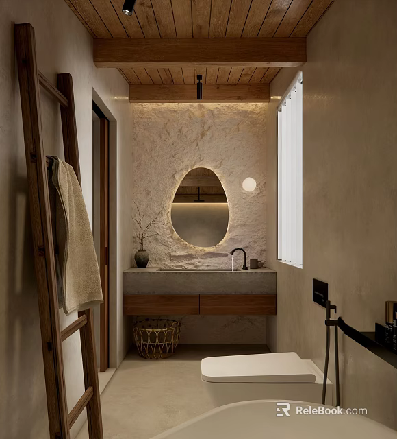 Rustic Bathroom Design Featuring Textured Stone Walls Oval Mirror Wooden Ceiling And Wicker Basket 3d model 