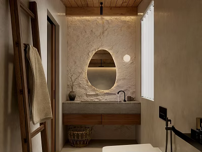 Rustic Bathroom Design Featuring Textured Stone Walls Oval Mirror Wooden Ceiling And Wicker Basket 3d model