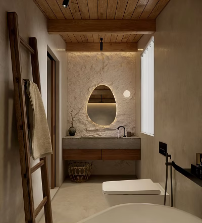 Rustic Bathroom Design Featuring Textured Stone Walls Oval Mirror Wooden Ceiling And Wicker Basket 3d model