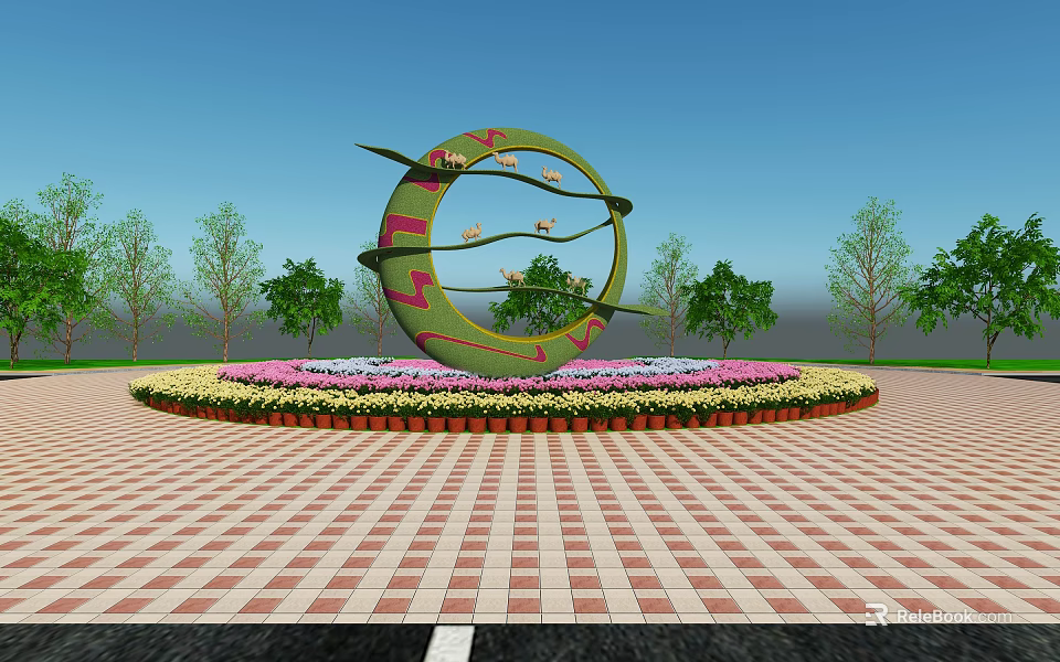 Roadside Landmark Facility With Circular Green Sculpture Flower Bed And Red Brick Pavement 3d model 