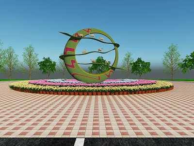 Roadside Landmark Facility With Circular Green Sculpture Flower Bed And Red Brick Pavement 3d model