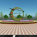 Roadside Landmark Facility With Circular Green Sculpture Flower Bed And Red Brick Pavement