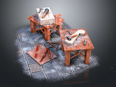 Rustic Wooden Workbench Furniture With Carpentry Tools And Stone Floor Tiles 3d model
