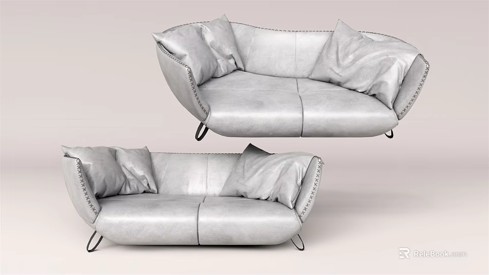 Studded Light Gray Leather Two Seater Sofa With Soft Cushions And Metal Legs 3d model 