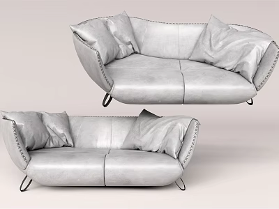 Studded Light Gray Leather Two Seater Sofa With Soft Cushions And Metal Legs 3d model