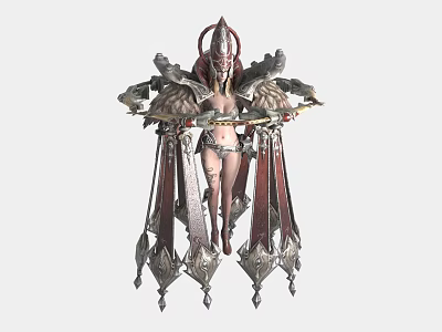 Elaborately Armored Female Character With Mythical Creature Inspired Headdress Feathered Shoulders And Staff 3d model