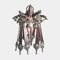 Elaborately Armored Female Character With Mythical Creature Inspired Headdress Feathered Shoulders And Staff
