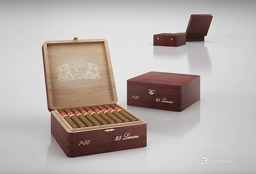 Classic Wooden Cigar Storage Box El Leones Open Closed Cases With Cigars 3d model 