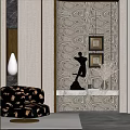 Elegant Modern Foyer Hallway Interior Design With Patterned Wallpaper Framed Art And Black Sculpture