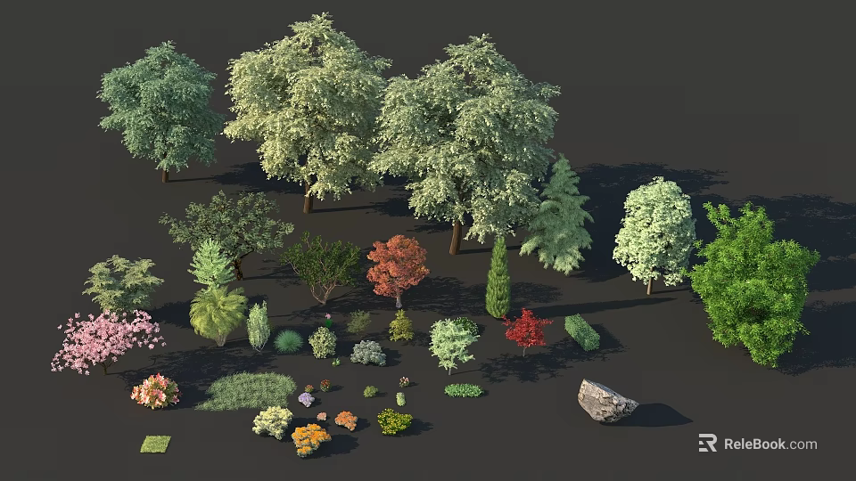 Various Arbor Trees with Different Shrubs Flowers and Rock in Garden Collection 3d model 