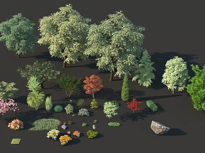 Various Arbor Trees with Different Shrubs Flowers and Rock in Garden Collection 3d model