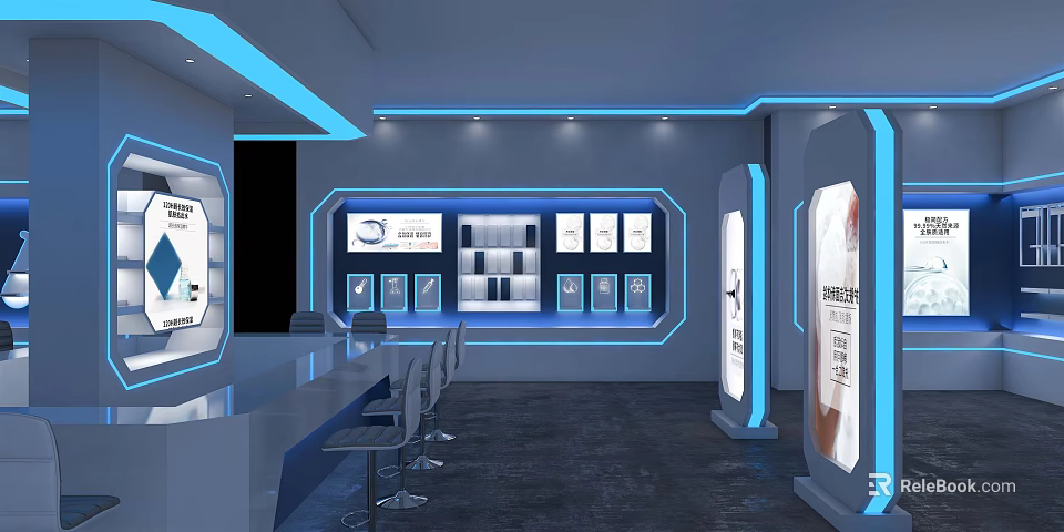 Hi Tech Modern Exhibition Hall Interior With Blue LED Lighting Display Cabinets And Seating 3d model 