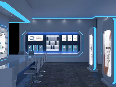 Hi Tech Modern Exhibition Hall Interior With Blue LED Lighting Display Cabinets And Seating 3d model