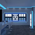 Hi Tech Modern Exhibition Hall Interior With Blue LED Lighting Display Cabinets And Seating