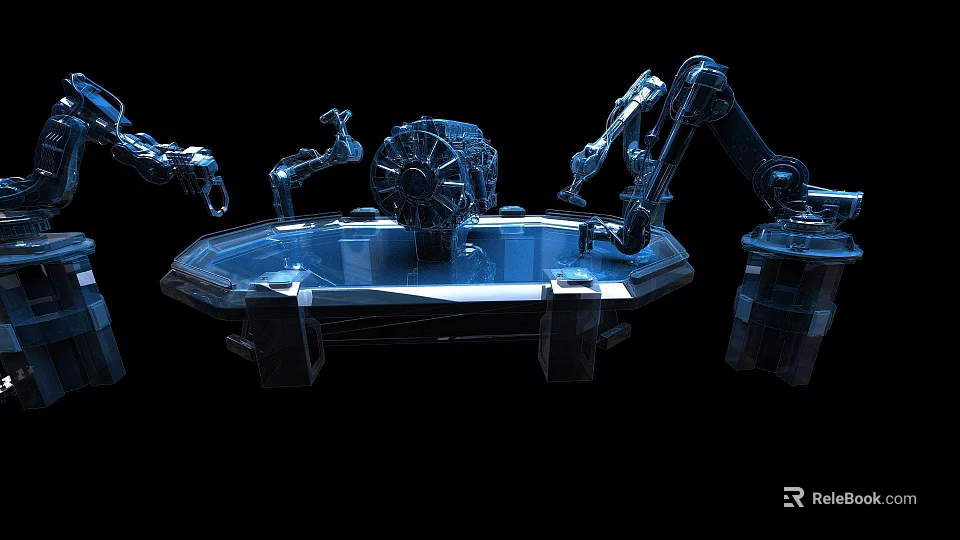 Transparent Blue Futuristic Display Shelf With Robotic Arms And Tech Inspired Design 3d model 
