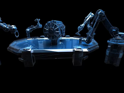 Transparent Blue Futuristic Display Shelf With Robotic Arms And Tech Inspired Design 3d model