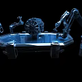 Transparent Blue Futuristic Display Shelf With Robotic Arms And Tech Inspired Design
