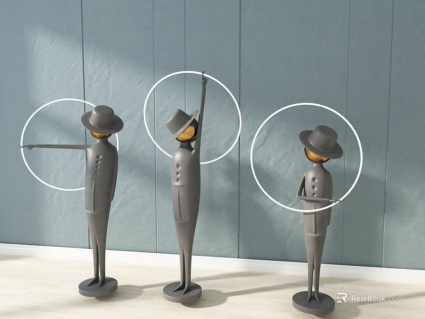 Hat Wearing Human Shaped Figurines With Circular Rings Against Gray Wall And Light Floor 3d model 