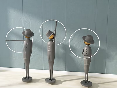 Hat Wearing Human Shaped Figurines With Circular Rings Against Gray Wall And Light Floor 3d model