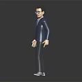 3D Male Character in Blue Suit With Blue Tie and Glasses Standing on Dark Background