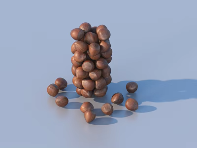 Brown Chestnuts Stacked in Tower with Scattered Nuts on Light Blue Background 3d model