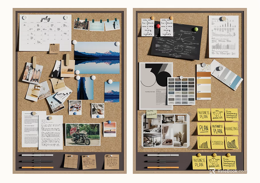 Decorative Corkboard Background Wall With Photos Notes Charts Papers And Sticky Notes 3d model