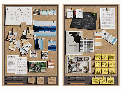 Decorative Corkboard Background Wall With Photos Notes Charts Papers And Sticky Notes 3d model