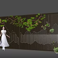 Wooden Scenic Wall Design With Green Vines Leaves And Mountain Pattern