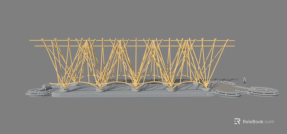 Garden Landscape Design With Yellow Metal Frame Arch Structure And Support Columns 3d model 