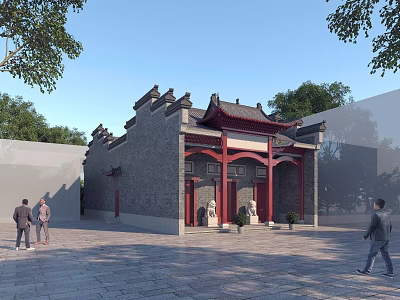 Traditional Ancient Architecture Featuring Gray Bricks Red Structures Curved Roof and Stone Square with Trees 3d model