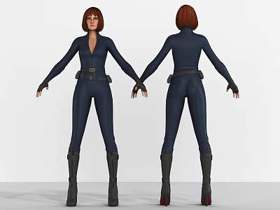Game Movie Female Character Navy Blue Bodysuit Short Brown Hair Black Boots Front Back Views 3d model