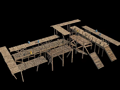 Industrial Construction Scaffolding Equipment With Multiple Wooden Platforms And Staircases 3d model