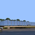 Modern Industrial Factory Building with Glass Curtain Wall Surrounded by Green Trees and Pedestrians
