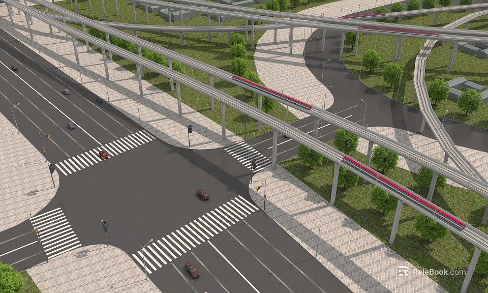 Modern Urban Road Infrastructure With Overpasses Lanes Crosswalks Traffic Lights And Green Belts 3d model 