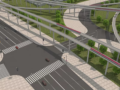 Modern Urban Road Infrastructure With Overpasses Lanes Crosswalks Traffic Lights And Green Belts 3d model