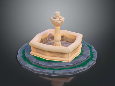 Light Colored Stone Fountain With Multi Tiered Structure Hexagonal Base And Green Circular Trim 3d model