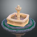 Light Colored Stone Fountain With Multi Tiered Structure Hexagonal Base And Green Circular Trim