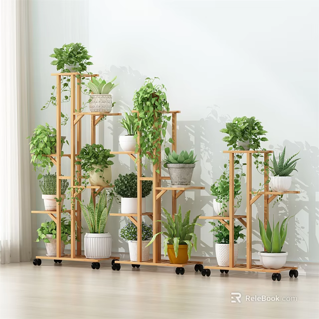 Wooden Multi Tier Plant Stands With Indoor Green Plants And Decorative Pots On Wheels 3d model 