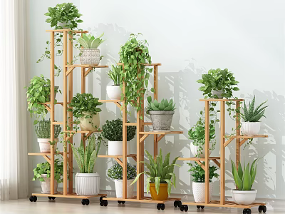 Wooden Multi Tier Plant Stands With Indoor Green Plants And Decorative Pots On Wheels 3d model
