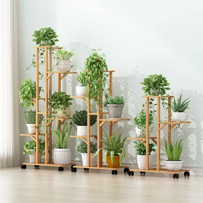 Wooden Multi Tier Plant Stands With Indoor Green Plants And Decorative Pots On Wheels 3d model
