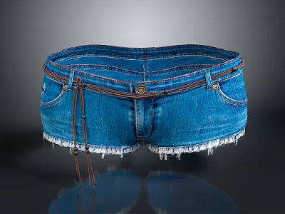 Blue Denim Shorts With Belt Frayed Hem And Pockets For Casual Daily Use 3d model