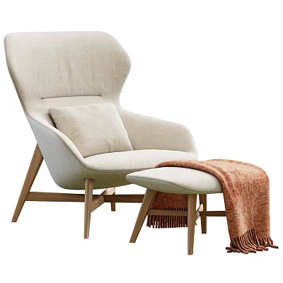 Beige Lounge Chair With Cushion Wooden Legs And Ottoman With Brown Blanket 3d model