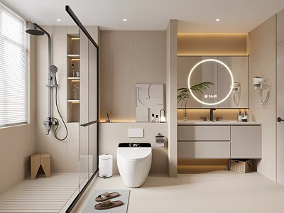 Modern Bathroom Interior With Glass Shower Backlit Round Mirror And Vanity Cabinet 3d model